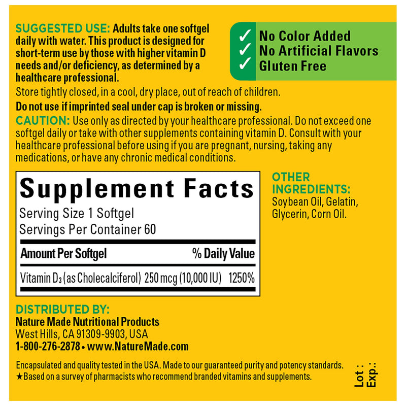 Nature Made Maximum Strength Vitamin D3 10000 IU (250 mcg), Dietary Supplement for Bone, Teeth, Muscle and Immune Health Support, 60 Softgels, 60 Day Supply Unflavored 60 Count (Pack of 1) - BeesActive Australia