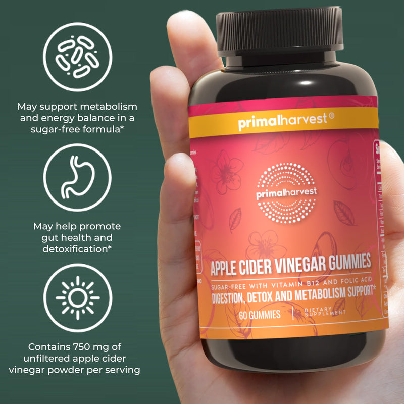 Primal Harvest ACV Gummies, 60 Sugar Free Apple Cider Gummies Beetroot and Pomegranate to Support Immunity, Digestion and Detox 750 MG 1