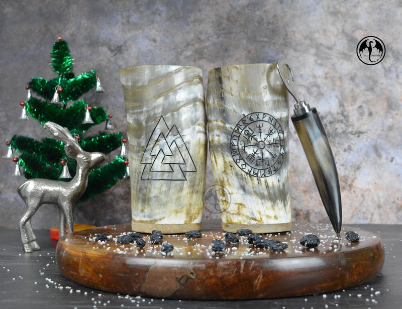 Viking Drinking Horn Cups Set of 2 with Bottle Opener | 8oz Handcrafted Natural Ox Horn Tumblers | Engraved Compass & Valknut | Food Safe | Viking Chirstmas Gifts for Men&Women - BeesActive Australia
