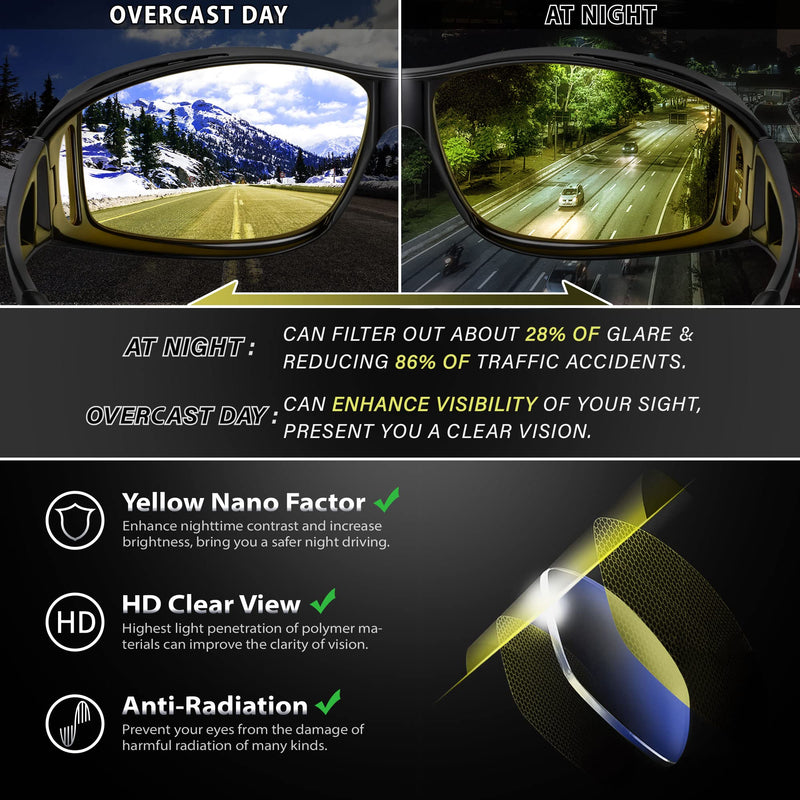 URUMQI Night Vision Driving Glasses Fit Over Glasses for Men Women, Anti Glare Polarized Nighttime Glasses HD Yellow Lens A08 Glossy Black Frame/Night Vision Lens - BeesActive Australia
