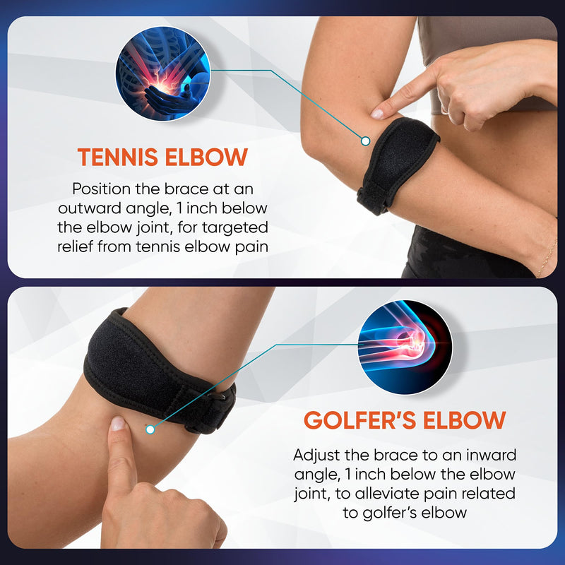 2-Pack Elbow Brace for Men & Women, Adjustable Tennis & Golfer's Elbow Support Strap for Tendonitis Pain Relief - Compression Pad for Arm, Forearm, Tendon Pain Relief One Size (Pack Of 2) Black - BeesActive Australia