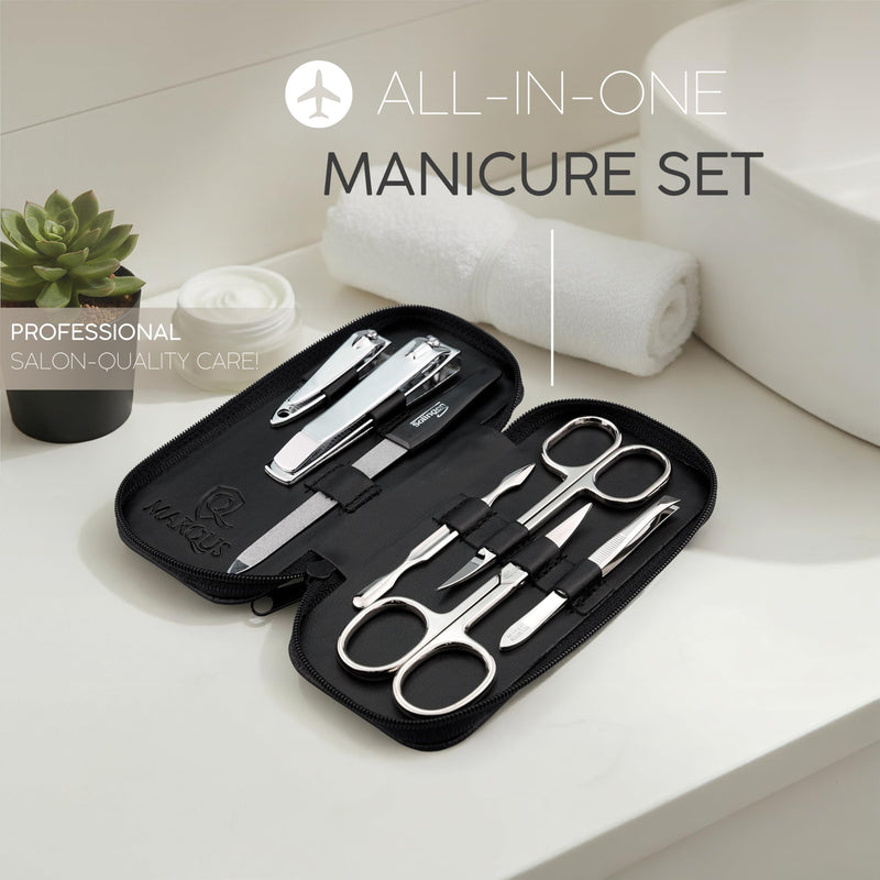 Manicure Set Solingen Made in Germany - 7 Piece Exclusive Finger & Toe Nail Clippers Kit for Women and Men in Real Leather Case, Color Black Nappa Black