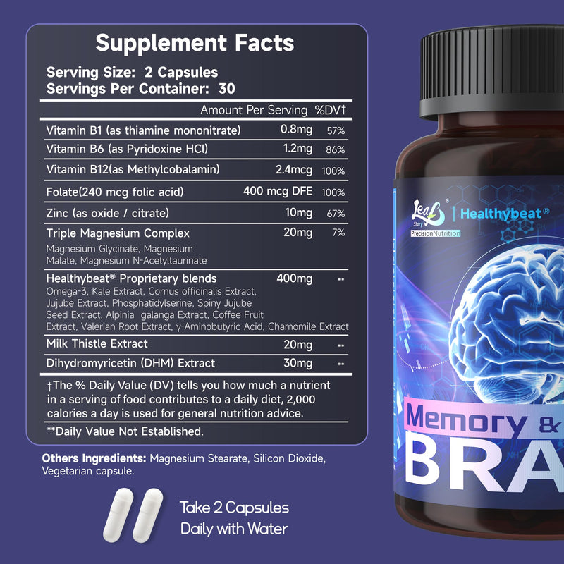 Nootropic Brain Supplements for Memory and Focus, 60 Capsules | Cognitive & Mood Support, Mental Clarity, Vitamin B6, B12 & Folate, Triple Magnesium Complex, Phosphatidylserine, Omega-3,DHM