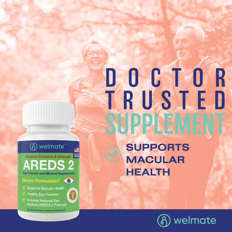 WELMATE - AREDS 2 (60 Servings) - Eye Vitamin and Mineral Supplement - Vitamin C, Zinc, Lutein, Zeaxanthin - Macular Health - Doctor Formulated & Tested - Eye Care - Gluten Free - 120 Mini Softgels 120 Count (Pack of 1)