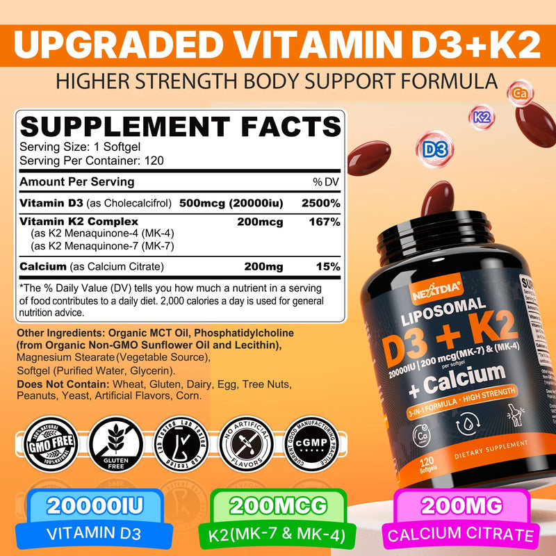 Vitamin D3 20,000 IU + K2 Vitamin (MK4 & MK7) 200mcg + Calcium Citrate, Optimal Vitamin D3 K2 Softgel - Strong Bone & Muscle, Calcium Absorption, Helping Vitamin D Deficiencies, Easy to Swallow, 2Pack 120 Count (Pack of 2)