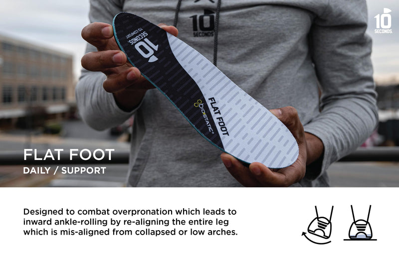 10 Seconds - Flat Foot Orthopedic Insole – Corrective Arch Support for Flat Feet, Biostatic Topper with Shock Absorbing Foam, Prevents Overpronation 11/11.5, W 12.5 White/Black M 11,W 12.5