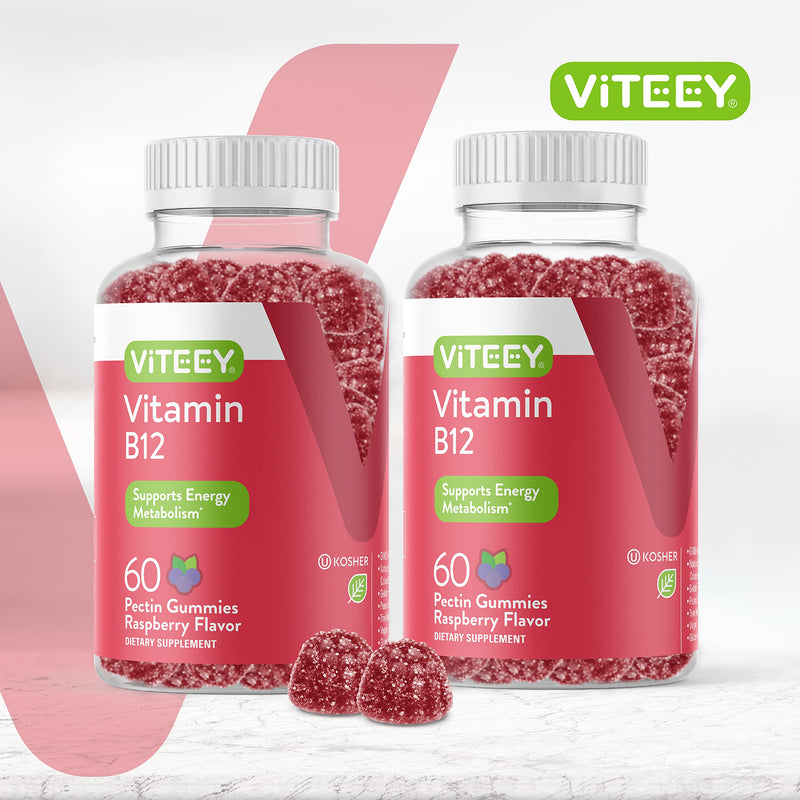Viteey Vitamin B12 Gummies | Cognitive Support and Energy Gummies - Vegan, Gelatin Free, Gluten Free - Tasty Chewable Raspberry Flavored Gummy - 120 Count 60 Count (Pack of 2)