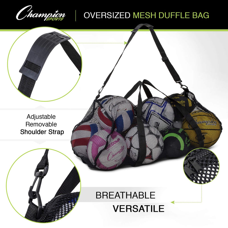 Champion Sports Mesh Duffle Bag – Oversized Breathable Gear Bag with Zipper & Shoulder Strap for Sports, Gym & Travel Black 15" x 36"