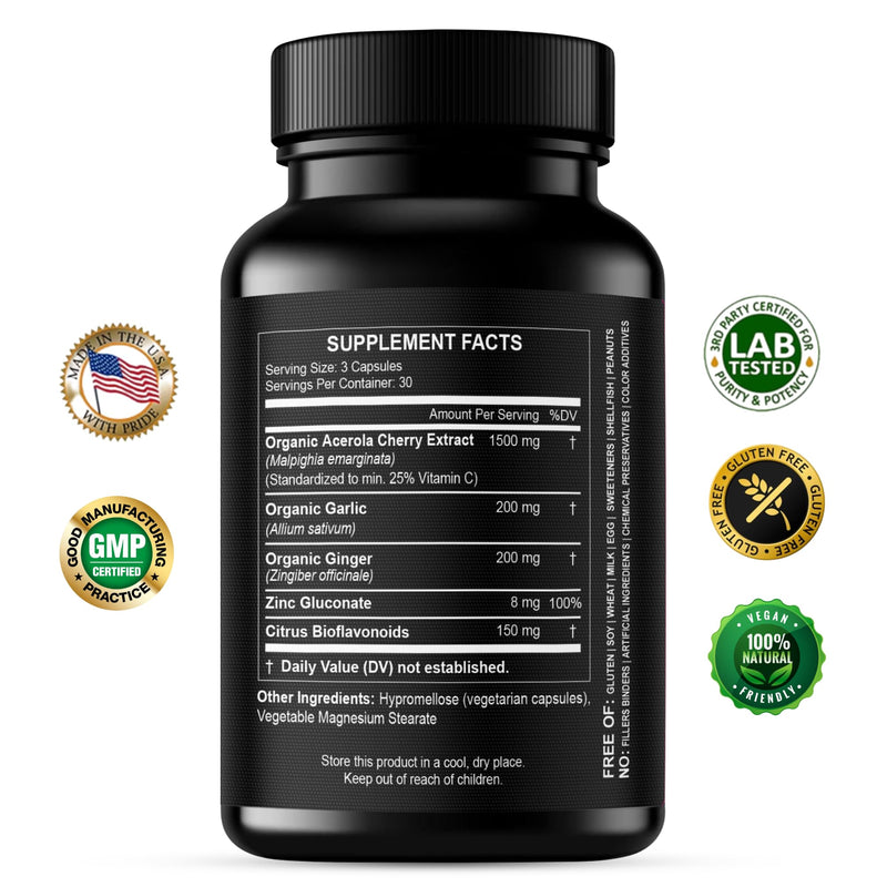 Natural Vitamin C from Organic Acerola Cherry - High Absorption - with Garlic Ginger & Citrus Bioflavonoids - Immune System & Collagen Booster - Anti Aging Skin Vitamins