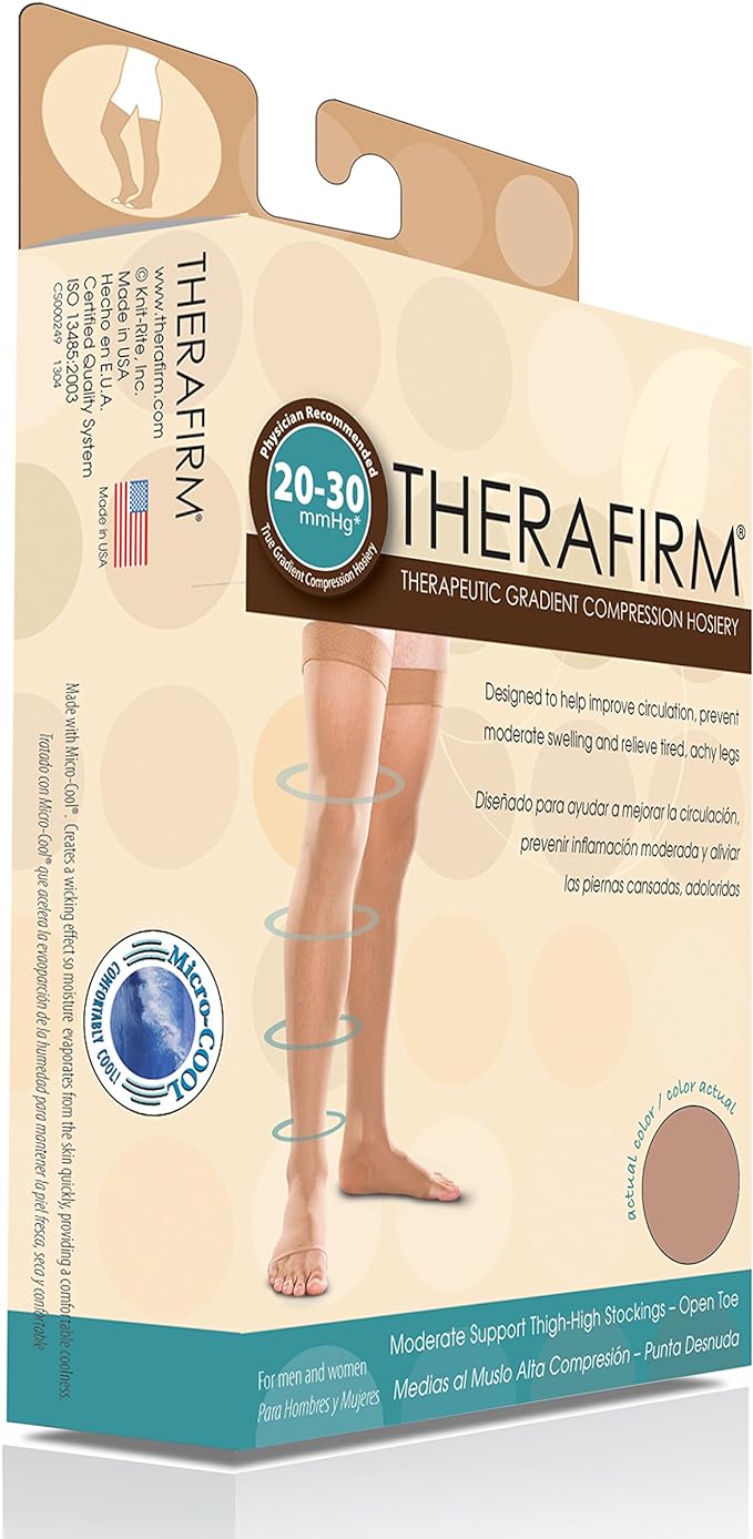 Promotes Blood Flow in Lower Leg Veins, Open Toe (Open Toe), Medical Elastic Stockings, Above Knee Length, Therafarm, 0.8 - 1.2 inches (20 - 30 mm) Hg Stockings, Thin (Unisex) (L, Black (Black)) - BeesActive Australia