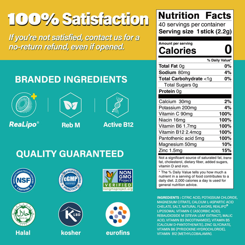 40 Sticks Low Sodium Sugar Free & 0 Calorie Electrolyte Hydration Packets | Lightly Sweet Electrolyte Powder Drink Mix, Liquid Daily IV Flavors Lemon Orange Peach Grapefruit Mixed Flavor