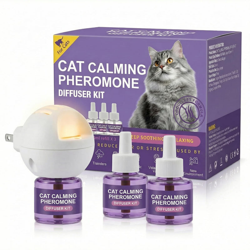 Cat Calming Diffuser Kit, 1 Diffuser + 3 Refills Pack,Discourage Scratching, Excessive Meowing & Urine Marking, Gentle Calming Support