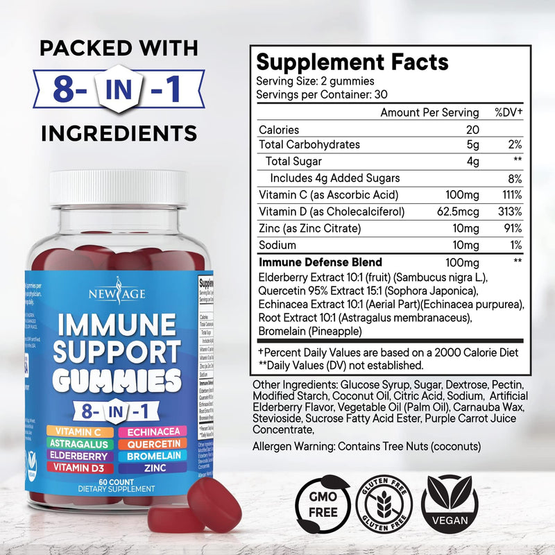 NEW AGE 8 in 1 Immune Support Booster Supplement with Elderberry, Vitamin C and Zinc 50mg, Vitamin D 5000 IU, Quercetin & Bromelain (8 in 1 Gummies (Pack of 1)) 60 Gummies (Pack of 1)