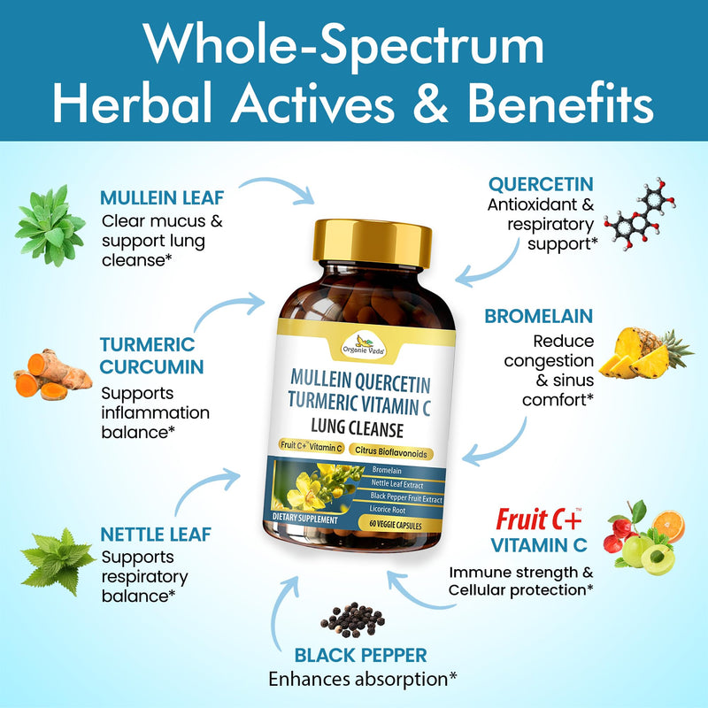 Organic Veda Mullein Quercetin Turmeric Lung Cleanse Capsules – 13 in 1 Herbal Lung Health Supplement with Bromelain, Ginger, Vitamin C – Respiratory Immune, Lung Detox for Smokers (60 Capsules) 60 Count (Pack of 1)