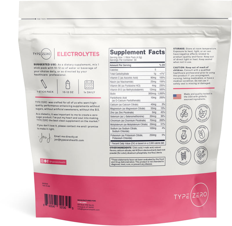Type Zero Sugar Free Electrolyte Packets (Watermelon) 30 Stick Packs | Clean Hydration Powder Stick Packs with 14 Vitamins and Minerals