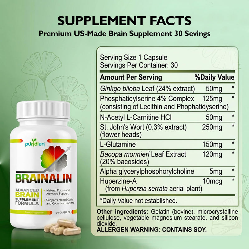 Puridian Brain Supplements for Memory and Focus, Ginkgo biloba Supplements | Focus, Clarity & Cognitive Health, 8 in 1, Alpha GPC Nootropics Supplement, Memory and Focus | Non-GMO, Caffeine-Free