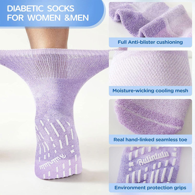 Bulinlulu Bamboo Viscose Diabetic Socks with Grippers for Men Women -6 Pairs Non Binding Ankle Slipper Socks Size 6-9 9-12 Purple/Green/Orange Red/Pale Purple/Black/White Medium