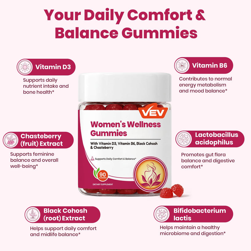 VEV Women's Wellness Gummies, Black Cohosh, Chasteberry, D3, B6, 90 Count | black cohosh supplements women & vitex chasteberry supplement for women, Vegan Pectin Gummies, 90 Count 90 Count (Pack of 1)