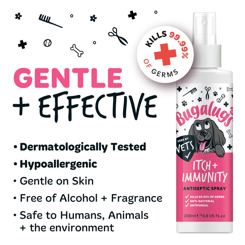 BUGALUGS Itch & Immunity Antiseptic Spray – Helps Soothe Itchy Skin, Paws, Ears - Licking, Scratching - Perfect for Small, Medium & Large Dogs