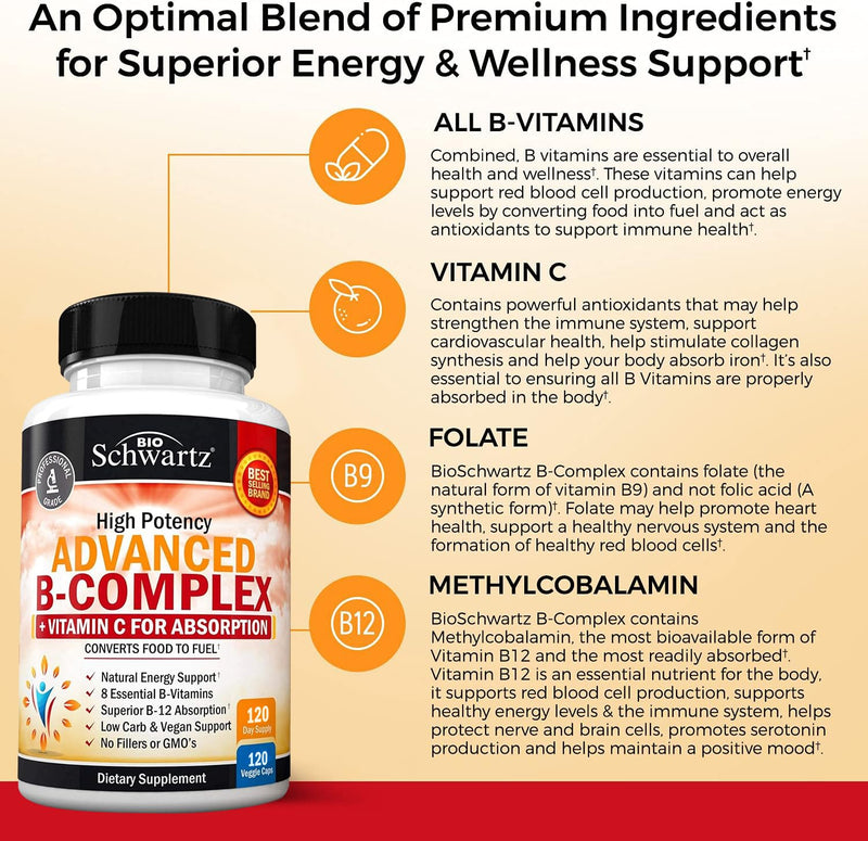 Vitamin B Complex with Vitamin C for Maximum Absorption, 120 Capsules | Methylcobalamin b12 & Folate Folic Acid Supplement - B1 B2 B3 B5 B6 B7 B9 for Energy, Immune & Nervous System Support 120 Count (Pack of 1)
