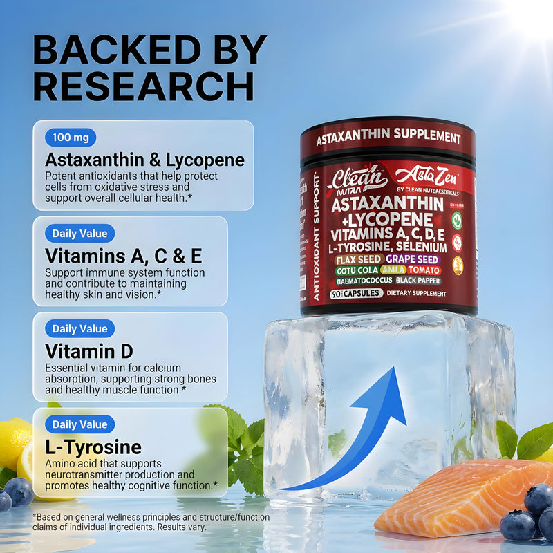 Clean Nutra Astaxanthin 12mg Lycopene Supplement with Vitamin A C D3 E, L-Tyrosine, Selenium, Flax, Grape Seed, Gotu Kola, Amla, Black Pepper, 90 Complex Veggie Capsules