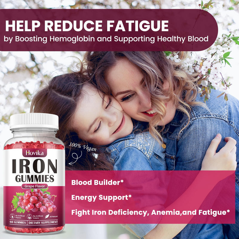 (2 Pack) Iron Gummies Supplement for Women & Men, Iron Supplements for Anemia with Vitamin C, B12, Folate-Blood Builder & Energy Support for Iron Deficiency - Grape Flavor, Vegan, 120 Gummies 120 Count (Pack of 1)