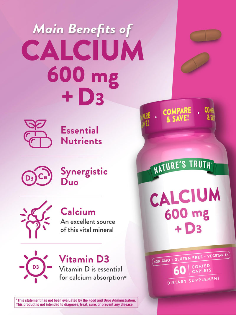 Nature's Truth Calcium 600 mg with Vitamin D3 | Coated Caplets | Calcium Carbonate | Vegetarian, Non-GMO & Gluten Free Supplement 60 Count (Pack of 1)