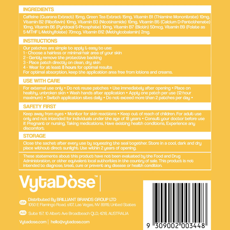 Vytadose Topical B12 Energy Patches | For Mood, Energy & Cognition | Natural Caffeine Patches | Skin-Friendly, Water-Resistant | 30 Count