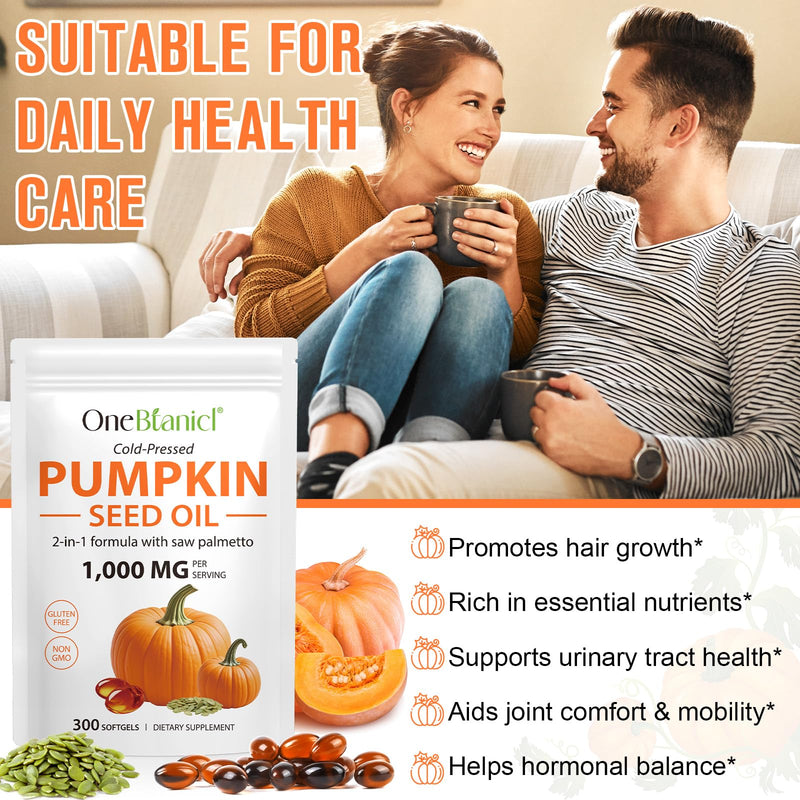 300PCS Pumpkin Seed Oil Capsules,Pumpkin Seed Extract | 2 in 1 Pumpkin Seed Oil with Saw Palmetto for Hair Growth, Cold Pressed, Support Prostate, Heart, Skin Supplement | Non-GMO | Gluten Free