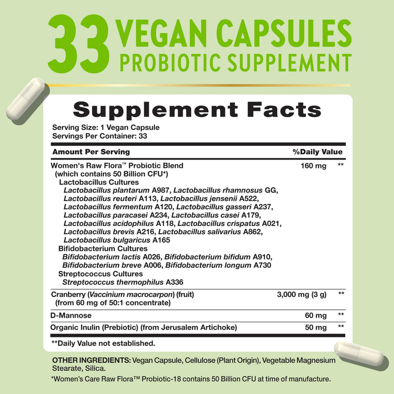 Raw Flora Probiotics for Women | 50 Billion CFU | 33 Capsules | with Cranberry and D-Mannose | Vegan, Non-GMO & Gluten Free Supplement