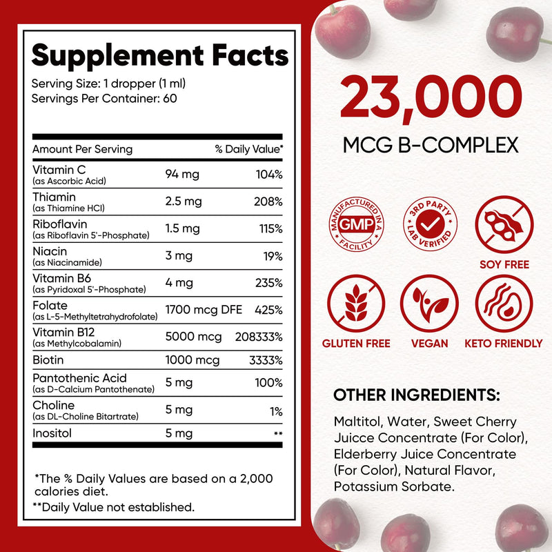 Vitamin B Complex 23000mcg - Methyl B12| B9 Folic|B7 Biotin,B1,B2,B3,B5,B6 | Vitamin B Complex Liquid Drops for Men & Women with Vitamin C, Choline & Inositol for Energy, Immune & Brain Support - 2Oz 2 Fl Oz (Pack of 1) V2-cherry