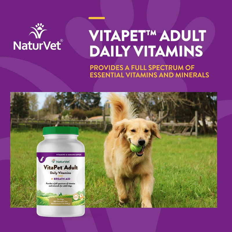 NaturVet - VitaPet Adult Daily Vitamins for Dogs - Plus Breath Aid - Provides a Full Spectrum of Vitamins & Minerals - Enhanced with Omega-6 Fatty Acids (180 Time Release Chewable Tablet 180 Count - PawsPlanet Australia