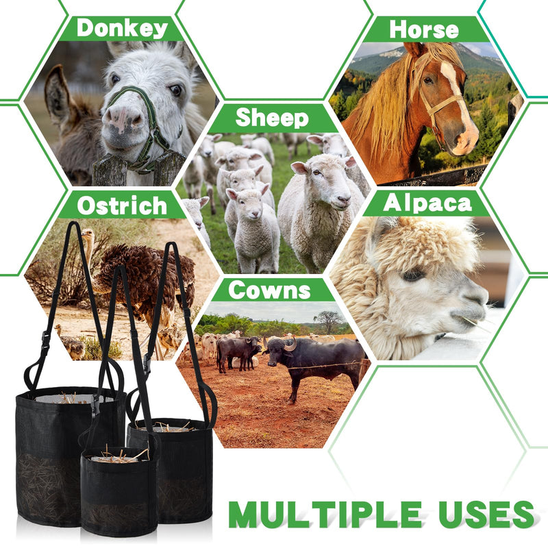 3 Pcs Horse Feed Bag Heavy Duty Mesh Horse Feeder Breathable Grain Bag Mesh Horse Feed Bucket with Adjustable Strap and Waterproof Bottom, Black, 3 Size - BeesActive Australia