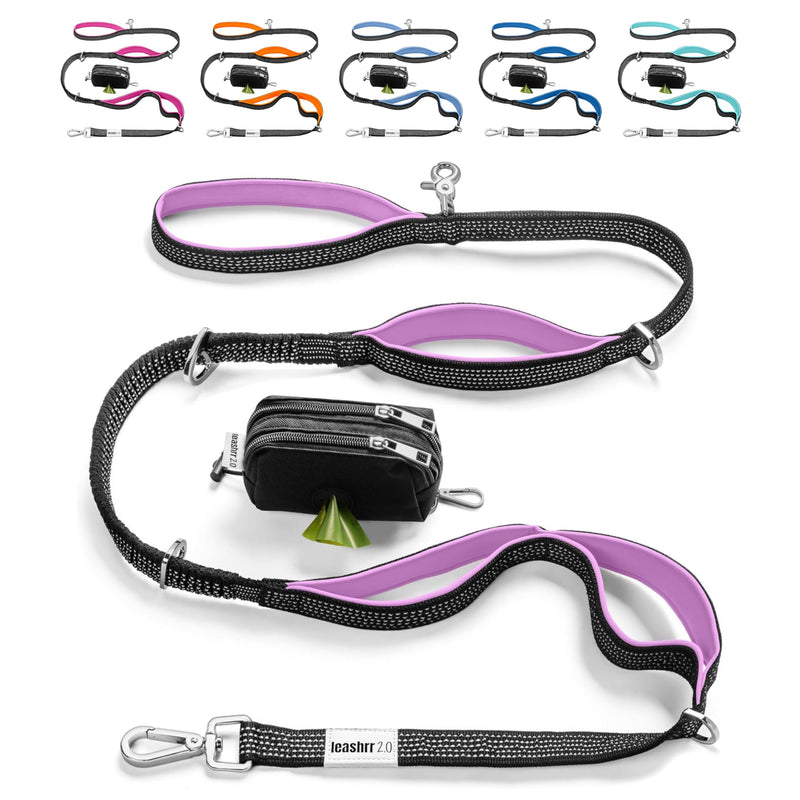 No Pull Dog Leash for Large Dogs – 6ft Highly Reflective Bungee, Heavy Duty Leash for Large Dogs, 4 Padded Handles, Strong Carabiner Clip & Rings, Includes Poop Bag Holder & Treat Pouch (Purple) Purple