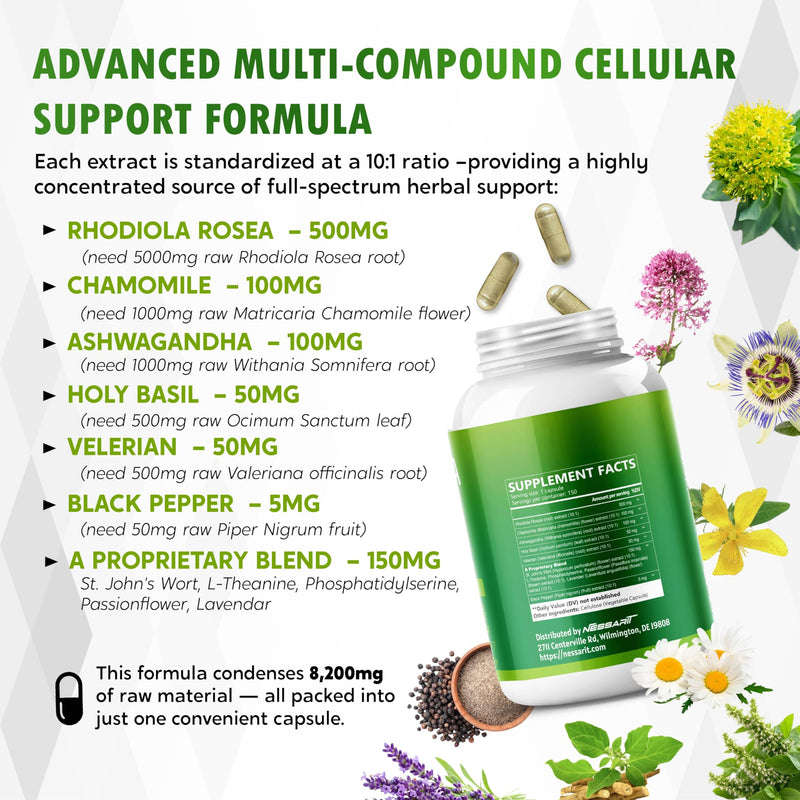 RHODIOLA ROSEA Supplement- 11-in-1 Natural Blend with Chamomile L-Theanine Ashwagandha Holy Basil Valerian Passionflower - 150 Count - Made & Tested in The USA 150 count (pack of 1) - BeesActive Australia
