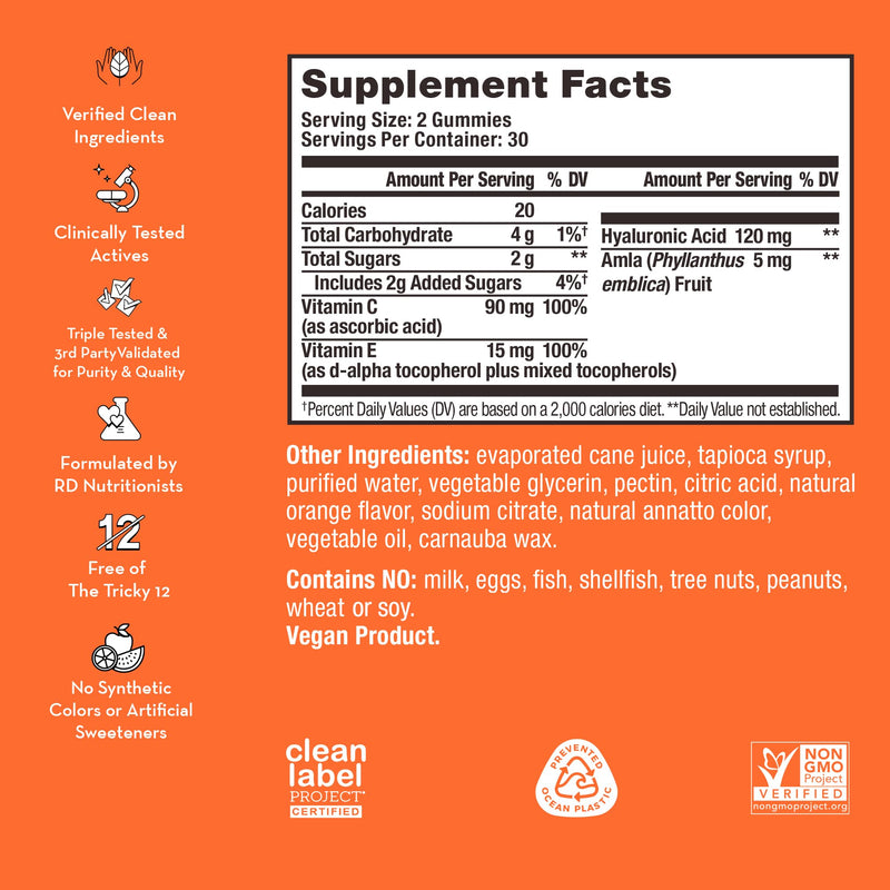 HUM Hyaluronic Glow Gummies Hyaluronic Acid, Vitamin C, Tangerine, 60 Count | Low Molecular Hyaluronic Acid, Vitamin C from Amla Fruit, Vitamin E, Tangerine Flavor, Vegan 60 Count (Pack of 1)