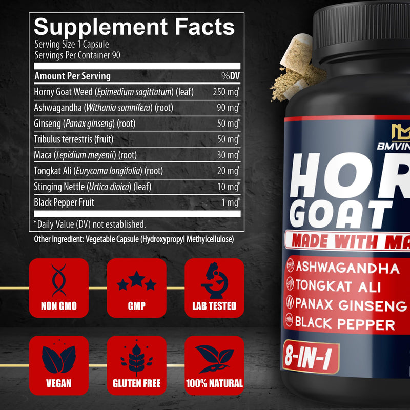 BMVINVOL Horny Goat Weed for Men - Extra Strength Supplement with Maca, Ginseng, Tribulus Terrestris, Ashwagandha - 90 Capsules