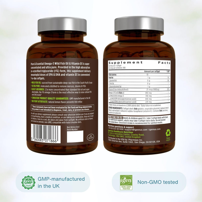 Igennus Ultra Pure Omega-3 rTG, IFOS Certified Wild Fish Oil & Vitamin D3 | Complete 1-a-Day Omega-3 & D3, 660mg EPA & DHA Plus 1000 IU D3, Fast-Acting Triglyceride Form, Non-GMO, 180 Softgels 180 Count (Pack of 1)