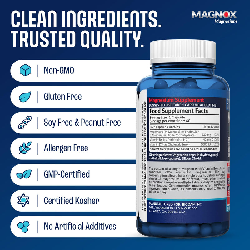 MAGNOX® High Absorption Magnesium Supplement with B6 & D3 Vitamins for Women & Men | Sleep Support | One Capsule a Day for Full Dosage (432mg) Patented & Clinically Tested Formula (60 pils) MAGNOX B6 60 Count (Pack of 1)