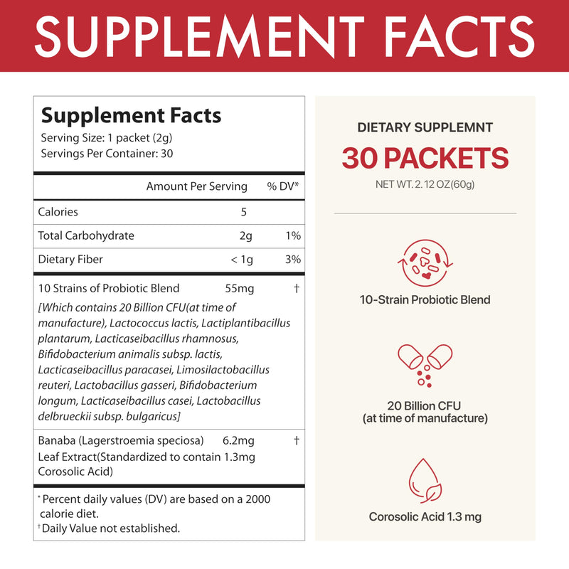 Probiotics Powder, 20 Billion CFU + Prebiotics, 30 Sticks | 10 strains with banaba leaf for gut, immune & metabolic support - sugar free, keto friendly, melts in mouth, no water needed
