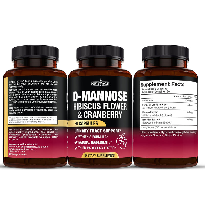 NEW AGE D-Mannose with Cranberry & Hibiscus - High Strength for Urinary Tract Health - Supplement for Women - Bladder, Liver & Microflora Support - Made in USA - Vegan, 120 Capsules 60 Count (Pack of 2) - BeesActive Australia