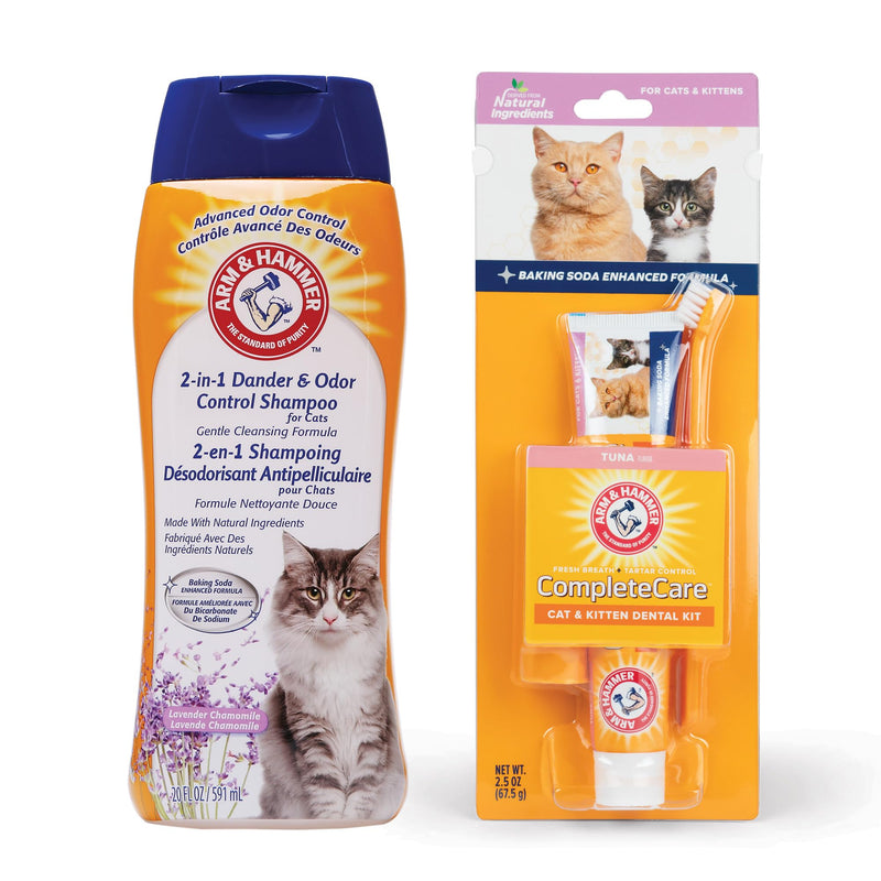 Arm & Hammer 2-in-1 Cat Shampoo & Complete Care Dental Kit Bundle – Dander Reducing Cat Shampoo, Lavender Chamomile Scent (20 Fl Oz) & Tuna Flavor Enzymatic Toothpaste with Toothbrush Set