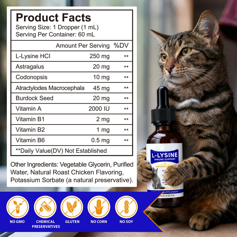 Lysine for Cats, L-Lysine Supplement Liquid Drops for Cats Supports Immune & Respiratory Health,Helps with Sneezing, Eye Discharge and Watery Eyes