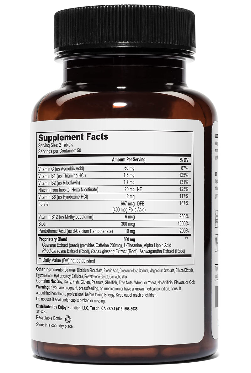 Energy | Complimentary Formula w/Botanically Sourced Caffeine | Complete B-Complex & Energy Supportive Herbs (Pack of 2) 100 Count (Pack of 2)