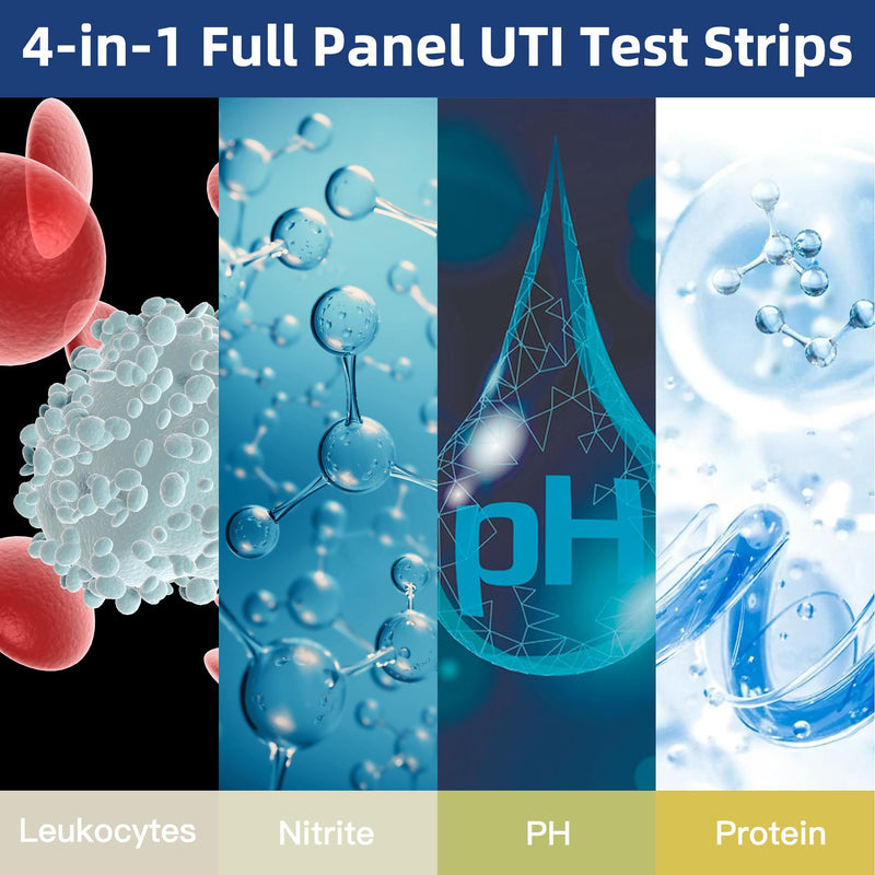 4-in-1 UTI Test Strips, 50ct Full Panel Urinary Tract Infection Test Kit at Home for Women Men Kids, Urinalysis Leukocytes, Nitrites, PH, Protein Urine Strip for UTI and Bladder, 50 Strips 50 Cups 1 Count (Pack of 50) Blue-4in1