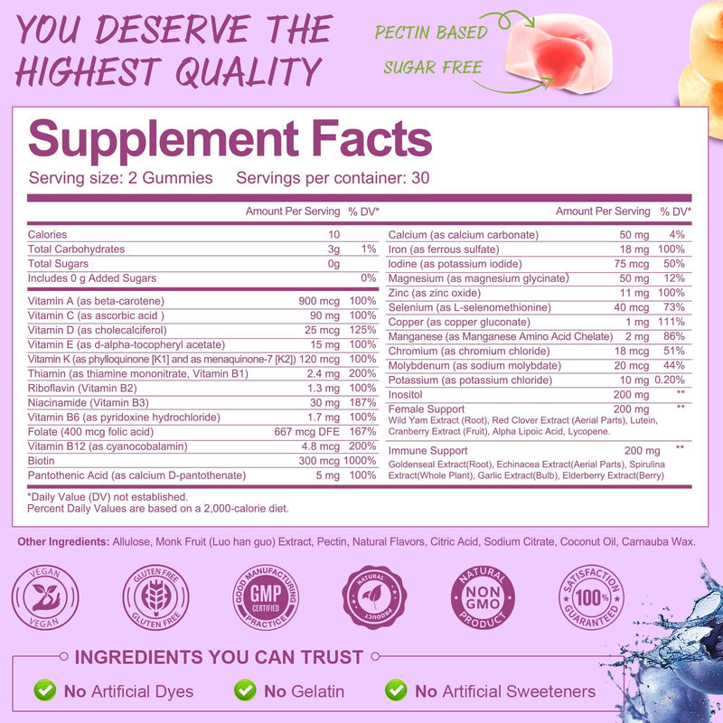 Totaria Sugar Free Multivitamin Gummies for Women 14+ w/Iron, Inositol, Folate, Biotin, Womens Daily Multivitamin Gummy w/Vitamin A, C, B, D3, K2, for Hair, Skin, Energy, Immune, Mixed Flavors 60 Count (Pack of 1)