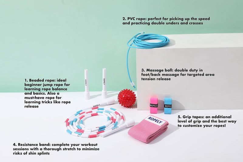 Skipping Rope 6-in-1 Jump Rope Set Beginner Friendly with Tangle Free Segmented Beaded Rope, PVC Rope, Massage Ball, Resistance Band, and Handle Tapes, Adjustable Length Pink/Blue