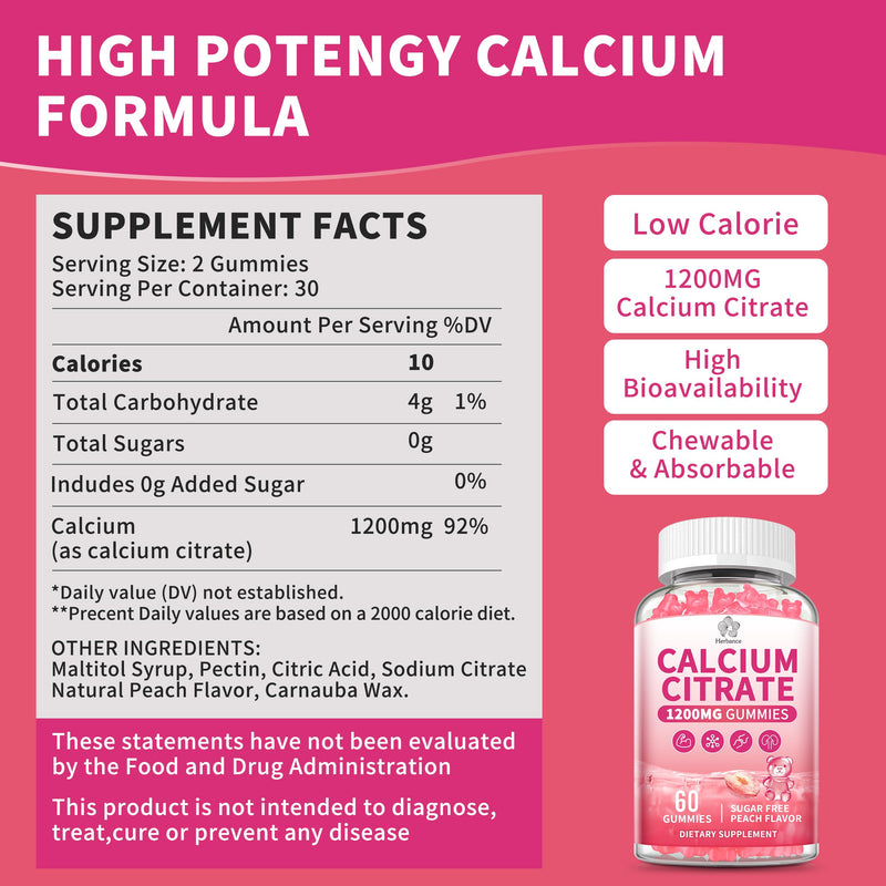 Pure Calcium Citrate 1200 mg Gummies for Adults Kids, High Absorption Calcium Supplements for Women & Men, Sugar Free, Non-GMO, Gluten Free, Supports Bone,Teeth,Muscle & Immune - Peach Flavor, 2 pack. 60 Count (Pack of 2)
