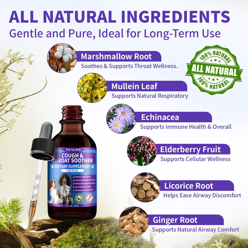 WEALLIN Dog Cough Treatment Support for Dogs - Dog Cough Care Natural Solution for Cough Natural Dog Cough Supplement Herbal Drops Support for All Breeds - 60 ml/2 Fl Oz 1 PCS