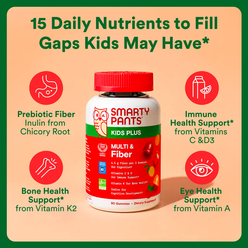 SmartyPants Kids Multivitamin & Fiber Gummies: Prebiotic Fiber to Support Kids Digestion with Vitamin D3, C, Vitamin B12, B6, A, Zinc, Biotin, Folate, Three Fruit Flavors, 90 Count (30 Day Supply) 90 Count (Pack of 1) Multi Fiber - 30 Day Supply